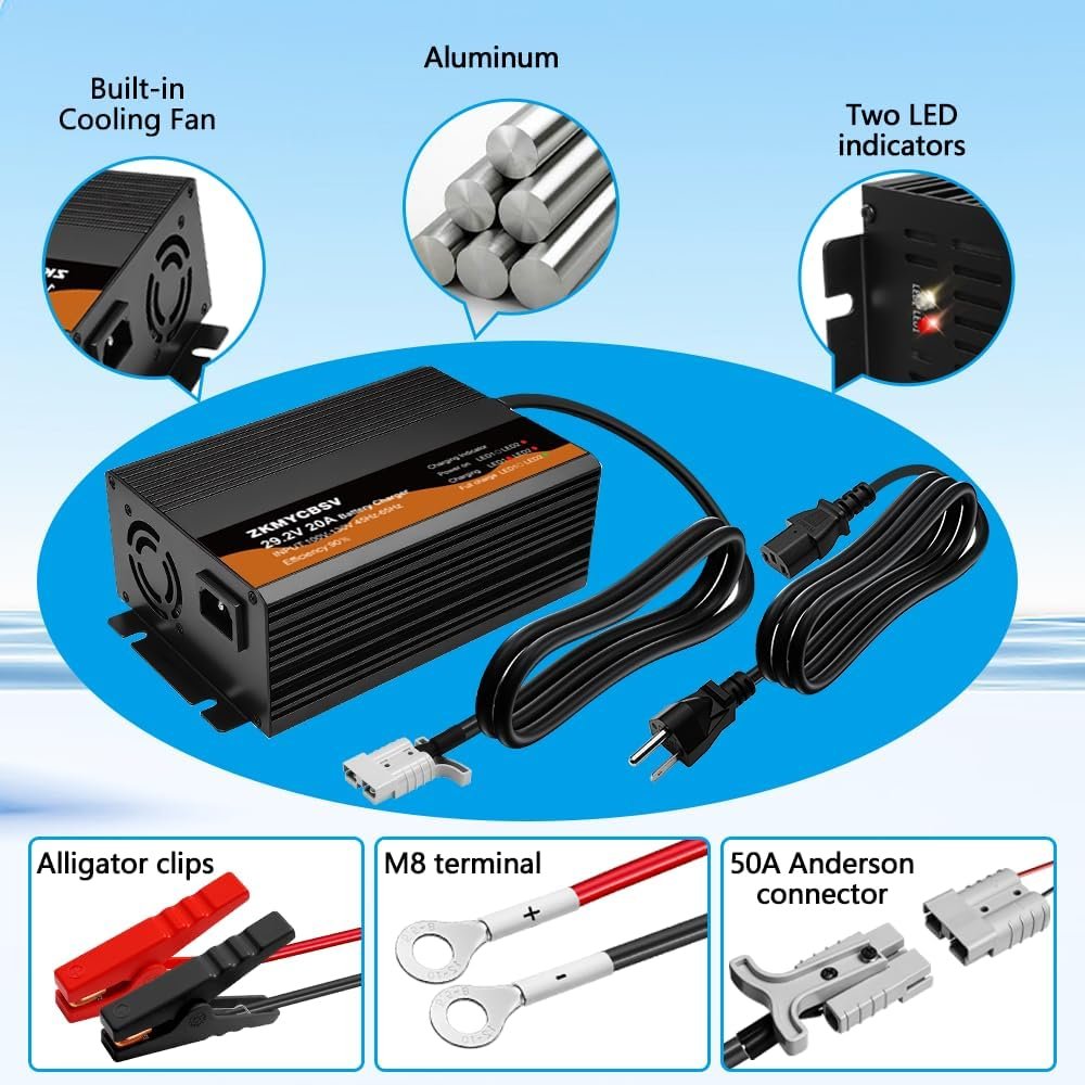 14.6V 30A Lithium Battery Charger, 14.6V LiFePO4 Battery Charger, Bulit-in Cooling Fan, Support Fast Charging, Suitable for 12 Volt Automotive Trailer RV SUV Motorbike Boats and More