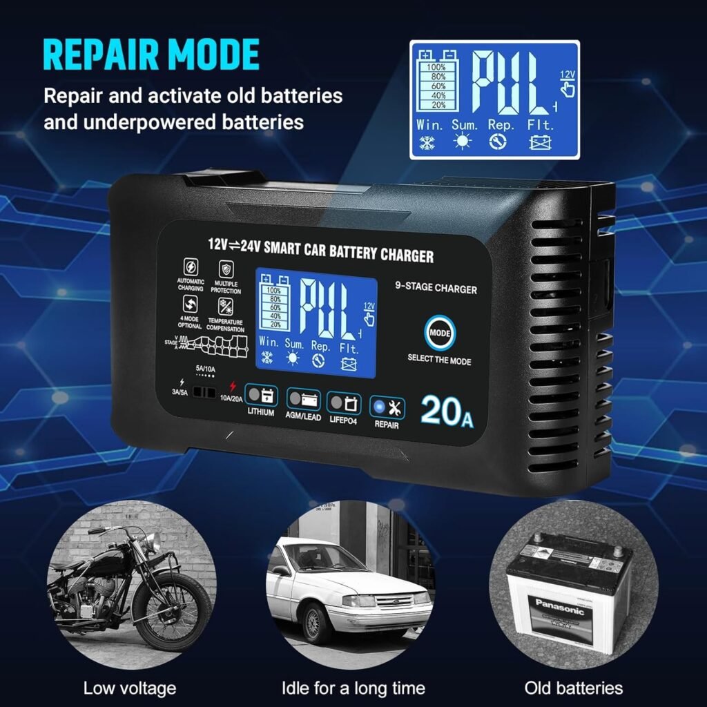 Battery Charger 0-20A 12V/24V Lithium LiFePO4 Lead Acid Fully Automatic Maintainer, Smart Car Battery Charger,Trickle Charger w/Pulse Repair for Trucks,Boats,Motorcycles,Deep Cycle Batteries Battery Charger 0-20A 12V/24V Lithium LiFePO4 Lead Acid Fully Automatic Maintainer, Smart Car Battery Charger,Trickle Charger w/Pulse Repair for Trucks,Boats,Motorcycles,Deep Cycle Batteries