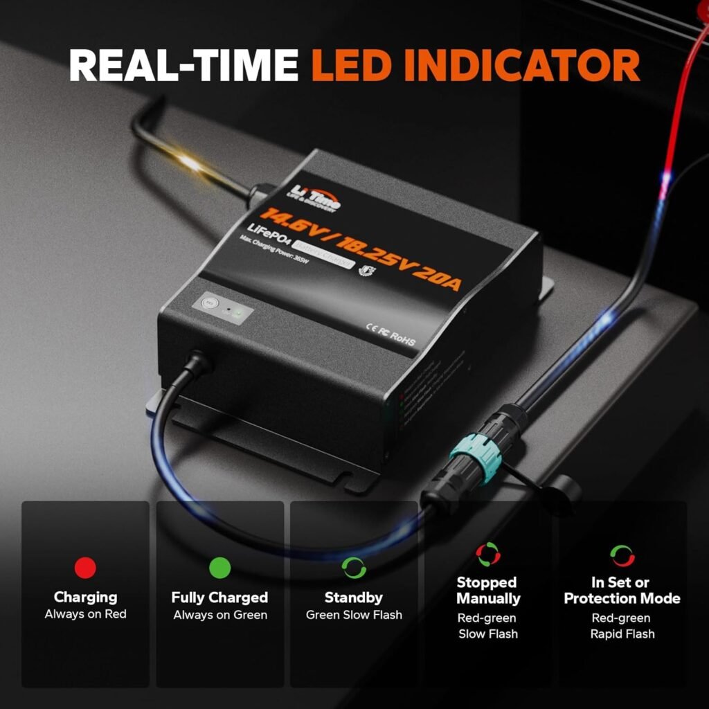 LiTime 12V(14.6V)  16V(18.25V) 20A Mountable LiFePO4 Battery Charger, IP65 Waterproof, AC to DC Fast Charger with Adjustable Voltage, Smart BMS Activation  LED Indicator