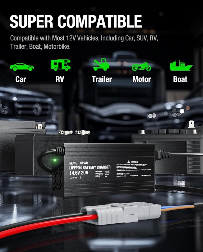 12V 20A Lithium Battery Charger, 14.6 Volt Smart LiFePO4 Battery Charger with Anderson Connector LED Indicator for 12V/12.8V LiFePO4 Deep Cycle Rechargeable Batteries of RV, Automotive