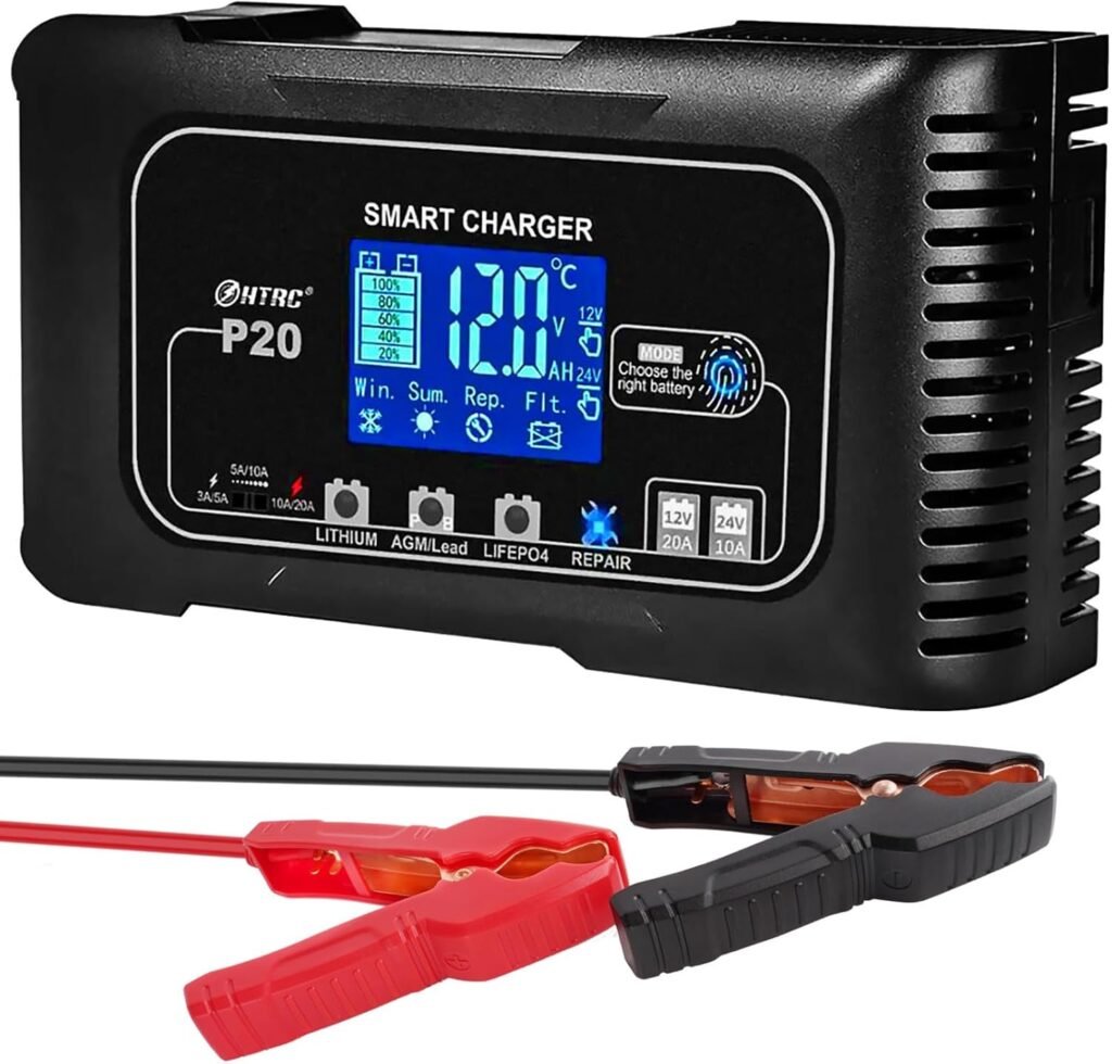 20-Amp Lifepo4 Lithium AGM Gel Smart Battery Charger, 12V/24V Fully Automatic Smart Charger, Trickle ChargerDesulfator with Overcharge ProtectionTemperature Compensation for Lithium Batteries