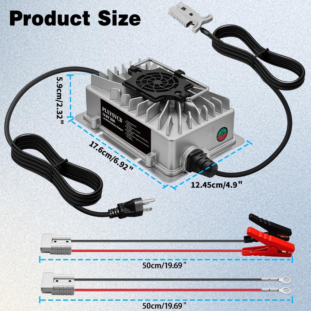 12V 20A Lithium Battery Charger, 14.6V 20A LiFePO4 Lithium Battery Charger with Multiple Protection and LED Indicator, Deep Cycle Rechargeable Batteries of RV, Boat