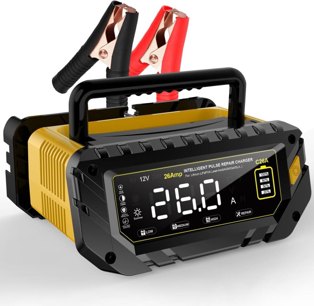 16-Amp Battery Charger, 12V 24V Lithium LiFePO4 Lead Acid Car Battery Charger 10-Stage Trickle Charger Smart Battery Maintainer w/Temp Compensation for Car Truck Lawn Mower Boat Marine