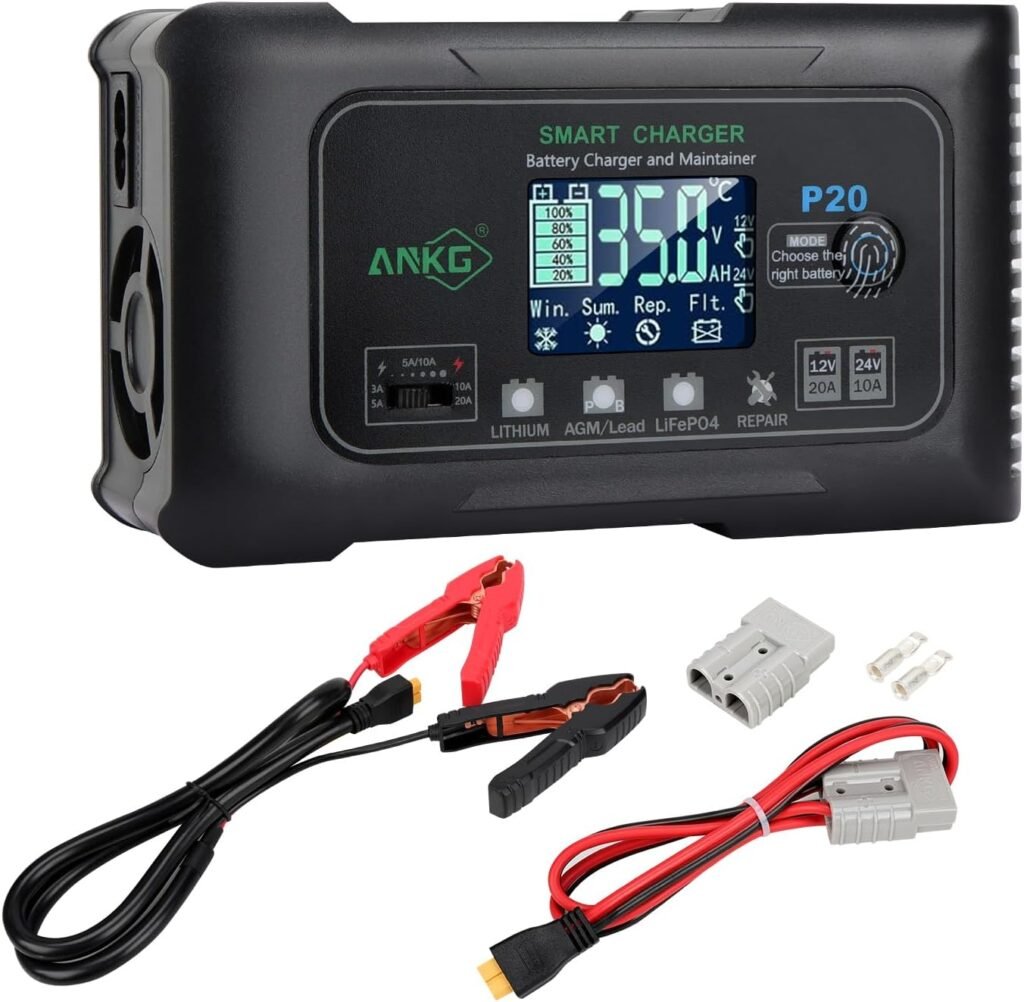 20-Amp Lithium Battery Charger，Smart Lifepo4 Battery Charger 12V/20A 24V/10A Trickle Charger Maintainer/deep Cycle Charger with SB-50 Style PlugAlligator Clip