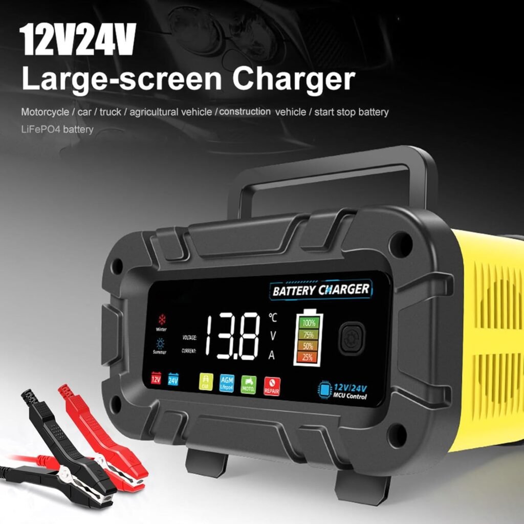 20A 12V/24V Battery Charger - Fully Automatic with Color Screen, Battery Care with Winter Mode  Repair for Various Types