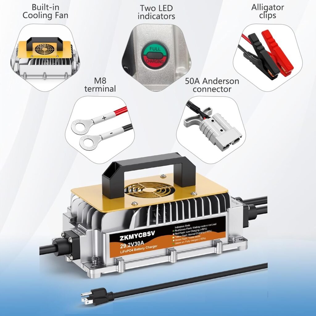 29.2V 30A Lithium LiFePO4 Battery Charger，29.2V LifePO4 Battery Charger for 24V LiFePO4 Lithium Deep Cycle Rechargeable Battery, Multi Protections, Support Fast Charging for RV Boat Car Lawn Mower
