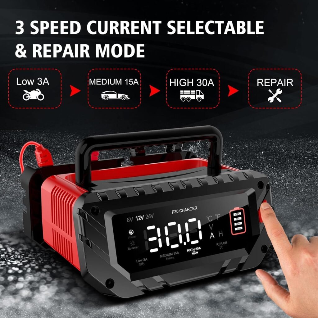 30-Amp Car Battery Charger, 6V/12V/24V Smart Automatic Automotive Charger, Battery Maintainer, Trickle Charger for Car, Motorcycle, Boat, Lead-Acid, Lithium, LiFePo4 Battery 30-Amp Car Battery Charger, 6V/12V/24V Smart Automatic Automotive Charger, Battery Maintainer, Trickle Charger for Car, Motorcycle, Boat, Lead-Acid, Lithium, LiFePo4 Battery