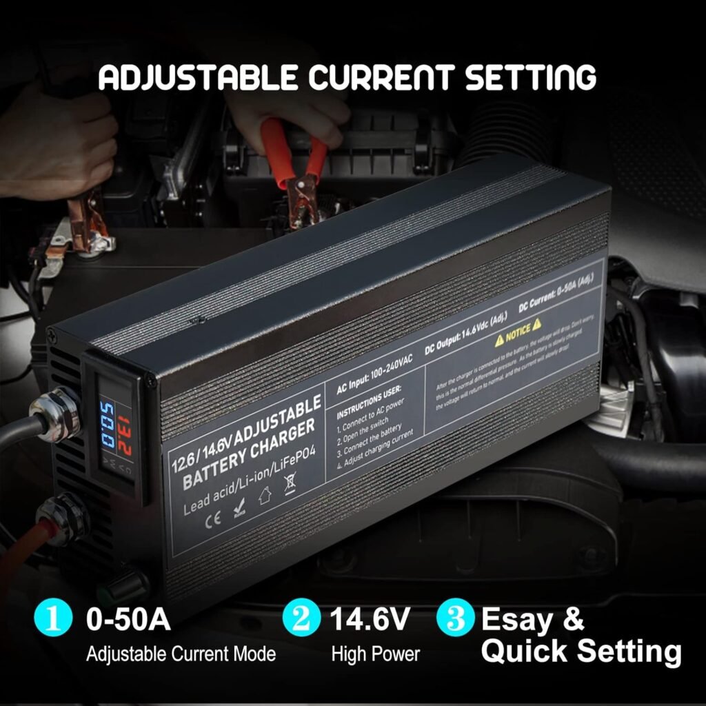 Battery Charger 14.6V 50A Lifepo4 Battery Charger Smart Maintainer Adjustable Current Portable Power Adapter for 14.6V LiFePO4 Lithium Iron Rechargeable Battery (50A) Battery Charger 14.6V 50A Lifepo4 Battery Charger Smart Maintainer Adjustable Current Portable Power Adapter for 14.6V LiFePO4 Lithium Iron Rechargeable Battery (50A)