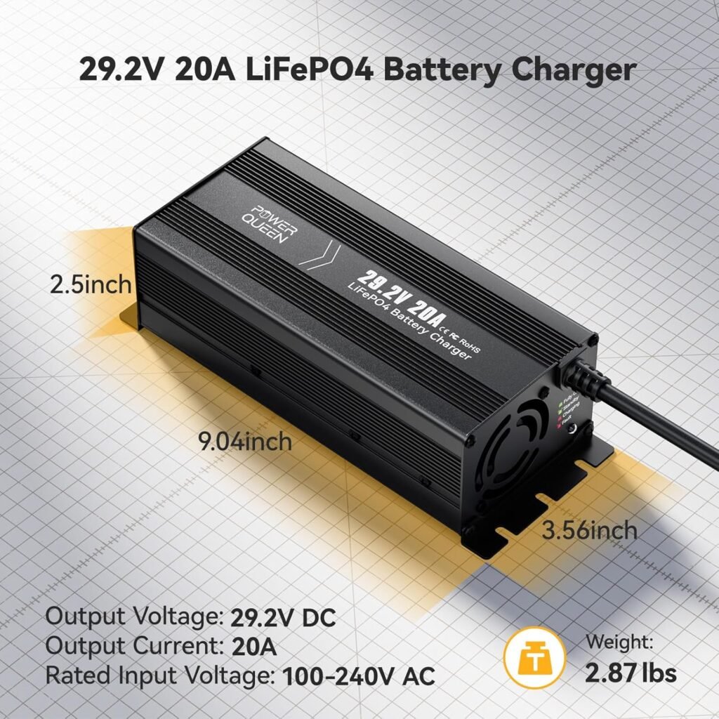 Power Queen 29.2V 20Amp Lithium LiFePO4 Battery Charger Smart Lithium Iron Phosphate Battery Maintainer Fully Automatic Rechargeable 25.6V (29.2V) LiFePO4 Battery Charger with Multi Safety Protections