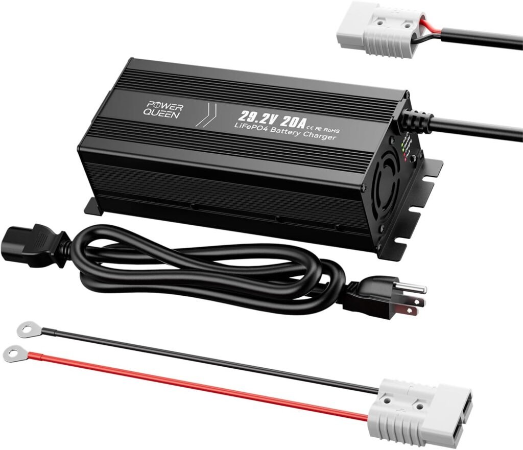 Power Queen 29.2V 20Amp Lithium LiFePO4 Battery Charger Smart Lithium Iron Phosphate Battery Maintainer Fully Automatic Rechargeable 25.6V (29.2V) LiFePO4 Battery Charger with Multi Safety Protections