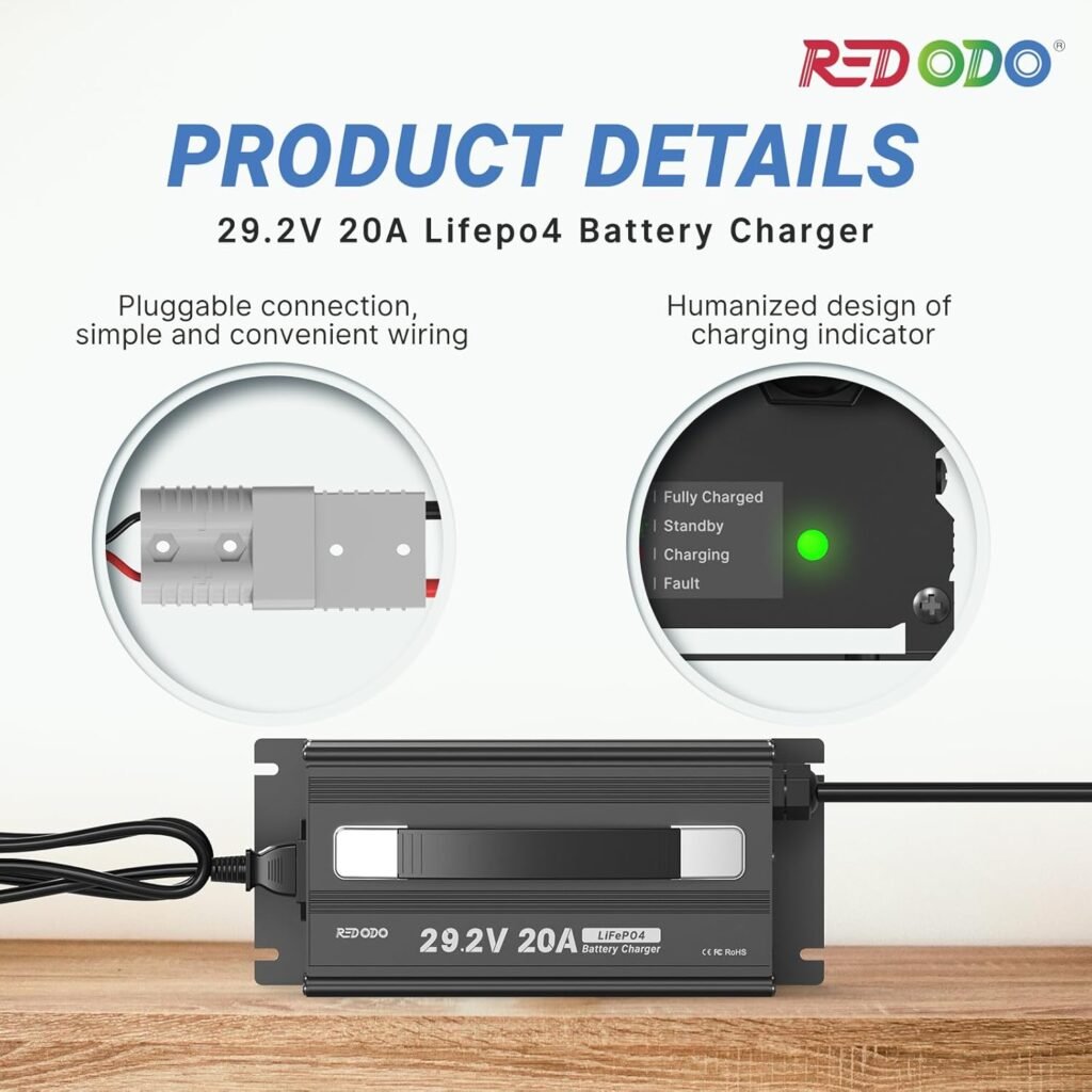 Redodo 29.2V 20A LiFePO4 Battery Charger, Fast Charging AC-DC Lithium Battery Charger, Fit for 24V Lithium Iron Phosphate Battery, LED Indicators and 4 Protection Functions Redodo 29.2V 20A LiFePO4 Battery Charger, Fast Charging AC-DC Lithium Battery Charger, Fit for 24V Lithium Iron Phosphate Battery, LED Indicators and 4 Protection Functions