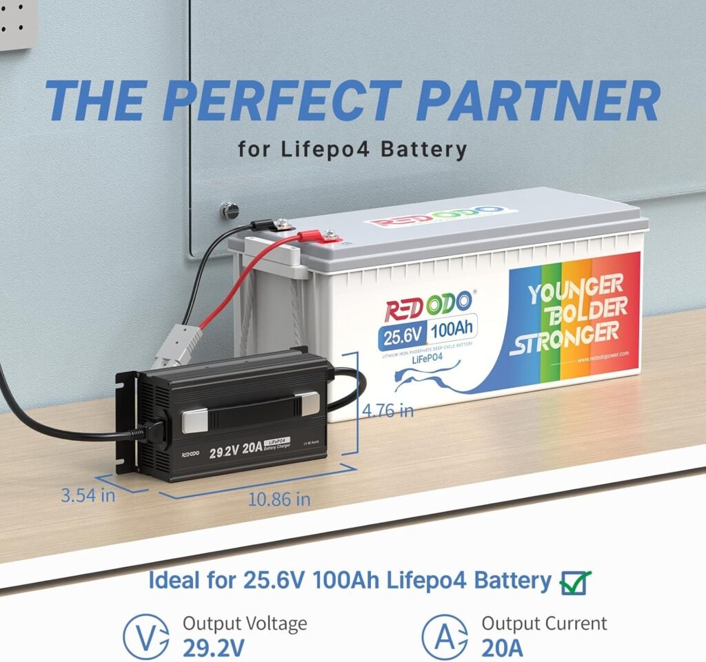Redodo 29.2V 20A LiFePO4 Battery Charger, Fast Charging AC-DC Lithium Battery Charger, Fit for 24V Lithium Iron Phosphate Battery, LED Indicators and 4 Protection Functions Redodo 29.2V 20A LiFePO4 Battery Charger, Fast Charging AC-DC Lithium Battery Charger, Fit for 24V Lithium Iron Phosphate Battery, LED Indicators and 4 Protection Functions