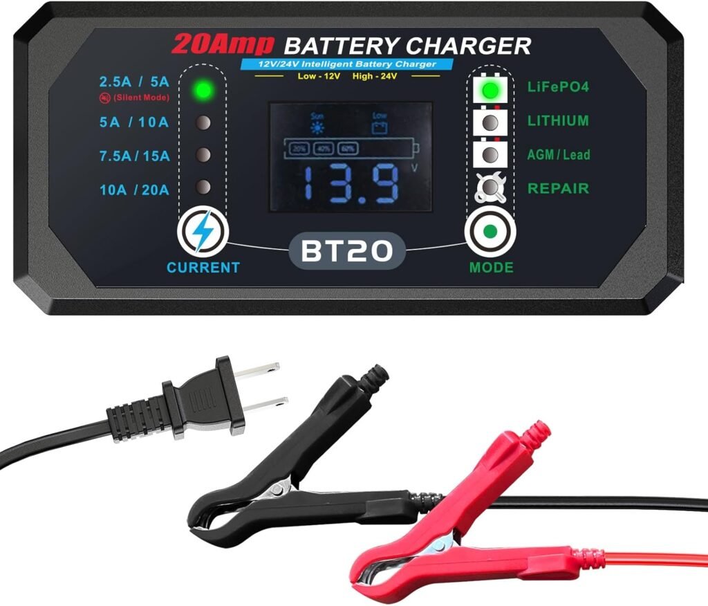 YUFAY 12V/20V Lithium/LiFePO4 Battery Charger 240W 20A Smart Fast Charger with Overcharge Protection for Car, Motorcycle, Boat
