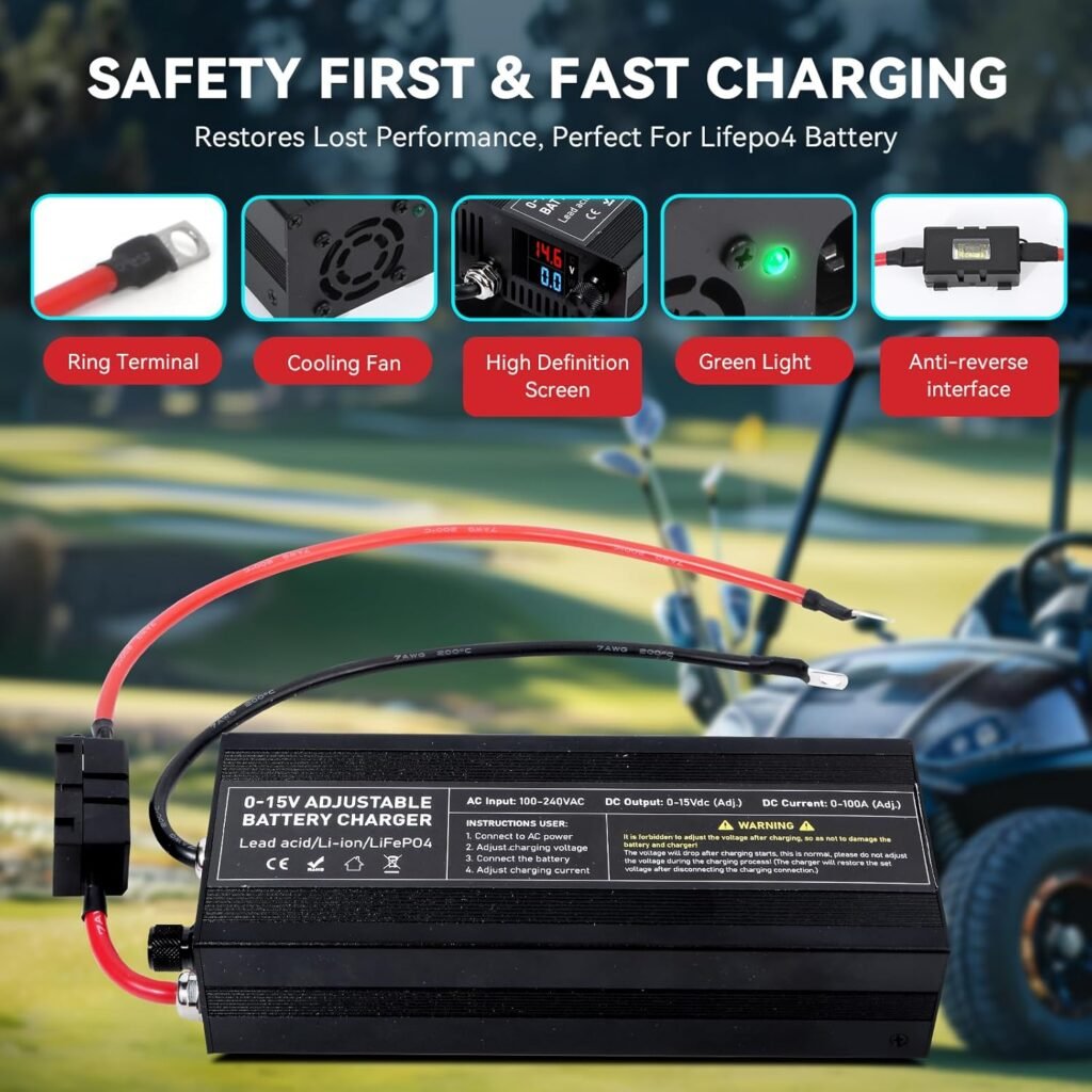 14.6V LiFePO4 Battery Charger, 12.8V High Power Charger Adjustable Voltage 0-15V Current 0-100A, Smart Fast Battery Charger for Cars,Golf Carts,UAV,Fishing Boat and Deep Cycle Batteries 14.6V LiFePO4 Battery Charger, 12.8V High Power Charger Adjustable Voltage 0-15V Current 0-100A, Smart Fast Battery Charger for Cars,Golf Carts,UAV,Fishing Boat and Deep Cycle Batteries
