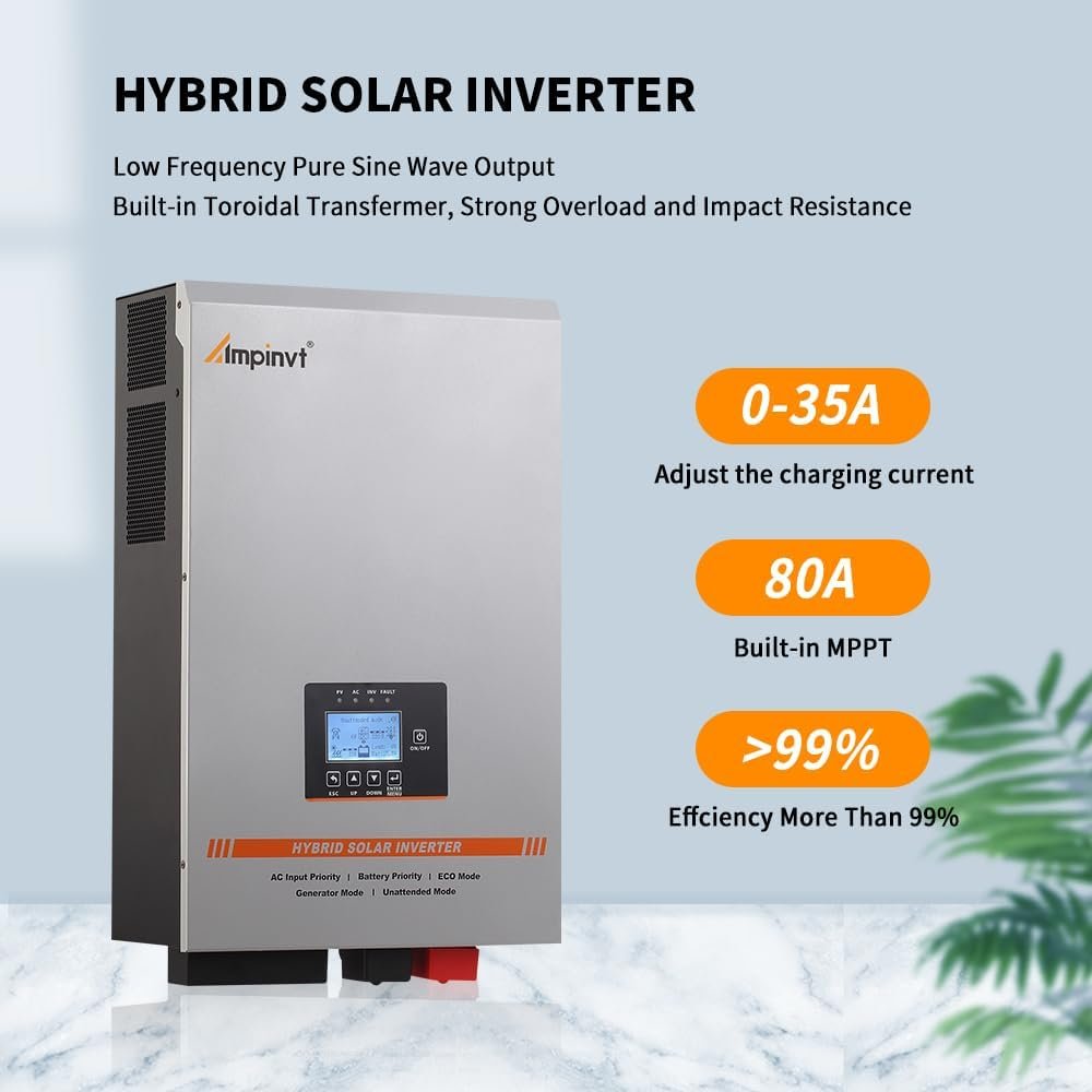 Ampinvt 3500W Low Frequency Solar Inverter 48V DC to 120V AC, Off Grid Pure Sine Wave Inverter Charger Built-in 80A MPPT Solar Controller and 35A AC Charger, Support Lead Acid Lithium Gel Battery Ampinvt 3500W Low Frequency Solar Inverter 48V DC to 120V AC, Off Grid Pure Sine Wave Inverter Charger Built-in 80A MPPT Solar Controller and 35A AC Charger, Support Lead Acid Lithium Gel Battery