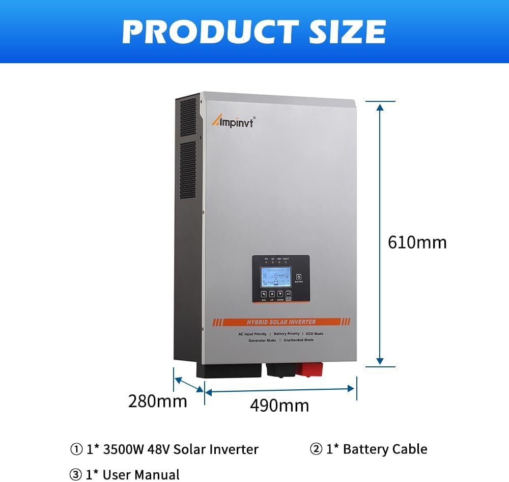 Ampinvt 3500W Low Frequency Solar Inverter 48V DC to 120V AC, Off Grid Pure Sine Wave Inverter Charger Built-in 80A MPPT Solar Controller and 35A AC Charger, Support Lead Acid Lithium Gel Battery Ampinvt 3500W Low Frequency Solar Inverter 48V DC to 120V AC, Off Grid Pure Sine Wave Inverter Charger Built-in 80A MPPT Solar Controller and 35A AC Charger, Support Lead Acid Lithium Gel Battery