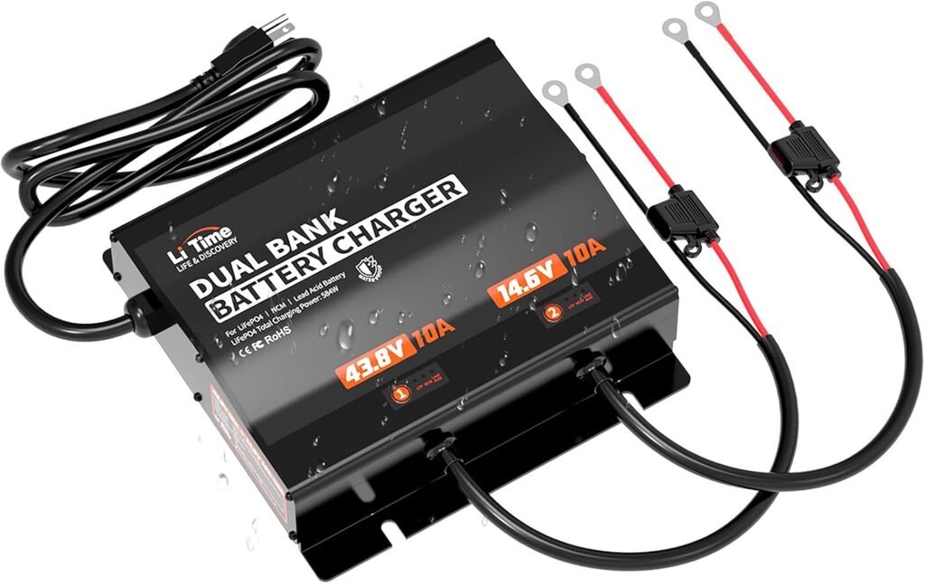 LiTime 2-Bank(43.8V 10A 14.6V 10A) Lithium Battery Charger for 36V(38.4V)/12V(12.8V) LiFePO4 Battery, AC-DC Smart Charger with IP65 Waterproof, LED Indicator for Boat, Golf Cart, RV and Home LiTime 2-Bank(43.8V 10A 14.6V 10A) Lithium Battery Charger for 36V(38.4V)/12V(12.8V) LiFePO4 Battery, AC-DC Smart Charger with IP65 Waterproof, LED Indicator for Boat, Golf Cart, RV and Home
