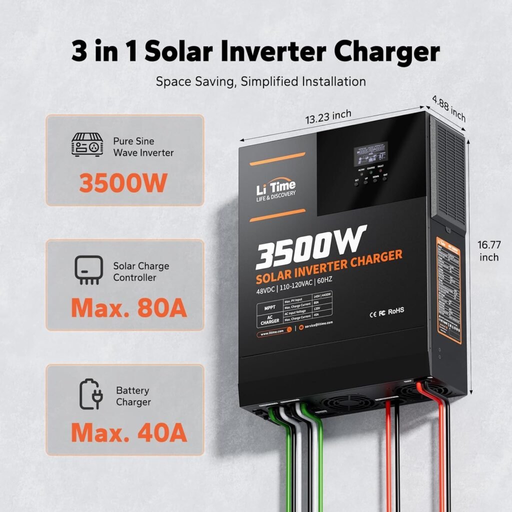 LiTime 3500W All-in-One Solar Inverter Charger, 48V DC to 120V AC Pure Sine Wave Inverter, Built in 80A MPPT Charge Controller, for 48V Lead Acid/LiFePO4 Battery, Home Energy Storage, Off-Grid