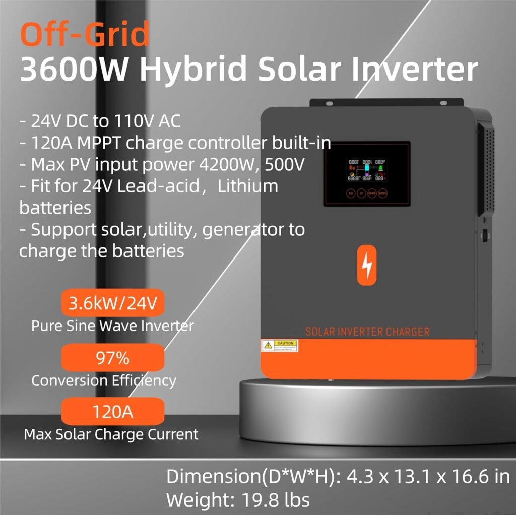 PowMr 3600W Solar Inverter 24V DC to 110V AC, Pure Sine Wave Power Inverter with 120A MPPT Controller and 80A AC Charger, Max.PV Input 4200W, 500VDC, fit for 24V Lead-Acid and Lithium Batteries