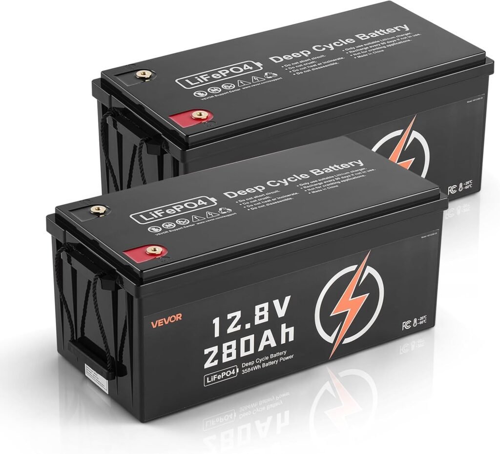 VEVOR 2 Pack 12V 280Ah LiFePO4 Battery, Up to 15000 Cycles, Deep Cycle Lithium Iron Phosphate Battery with Built-in BMS, Low Temp Protection, 10 Years Lifetime, for Solar Off-Grid Home Energy Storage VEVOR 2 Pack 12V 280Ah LiFePO4 Battery, Up to 15000 Cycles, Deep Cycle Lithium Iron Phosphate Battery with Built-in BMS, Low Temp Protection, 10 Years Lifetime, for Solar Off-Grid Home Energy Storage