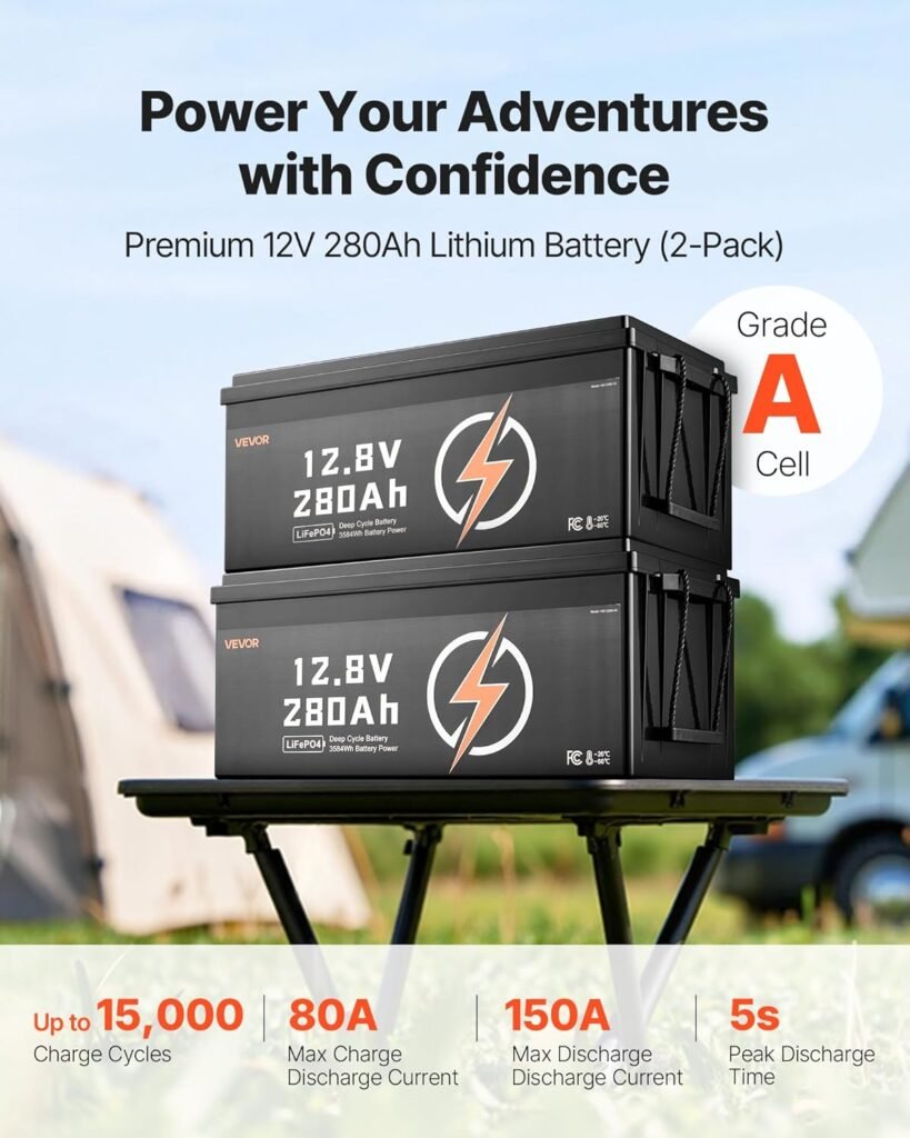 VEVOR 2 Pack 12V 280Ah LiFePO4 Battery, Up to 15000 Cycles, Deep Cycle Lithium Iron Phosphate Battery with Built-in BMS, Low Temp Protection, 10 Years Lifetime, for Solar Off-Grid Home Energy Storage VEVOR 2 Pack 12V 280Ah LiFePO4 Battery, Up to 15000 Cycles, Deep Cycle Lithium Iron Phosphate Battery with Built-in BMS, Low Temp Protection, 10 Years Lifetime, for Solar Off-Grid Home Energy Storage