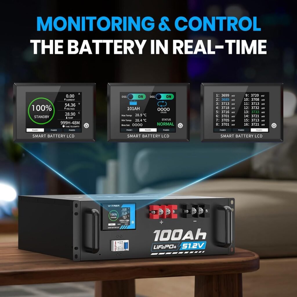 48V 100AH Lithium LiFePO4 Battery, Built-in 100A BMS, with Touchable Smart Display Mobile APP, Max. 4800W Power Output, 5000+ Cycles, Perfect for Solar System Off-Grid Applications 48V 100AH Lithium LiFePO4 Battery, Built-in 100A BMS, with Touchable Smart Display Mobile APP, Max. 4800W Power Output, 5000+ Cycles, Perfect for Solar System Off-Grid Applications
