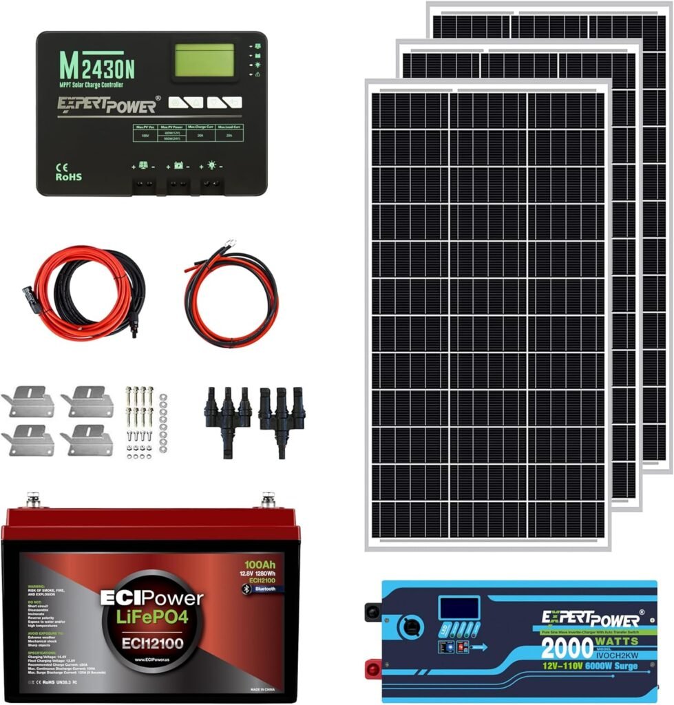 ECI Power 1.3KWH 12V Solar Power System Kit | LiFePO4 12V 100Ah, 400W Mono Solar Panels, 30A MPPT Solar Charge Controller, 2KW Pure Sine Wave Inverter Charger | RV, Trailer, Camper, Marine, Off Grid