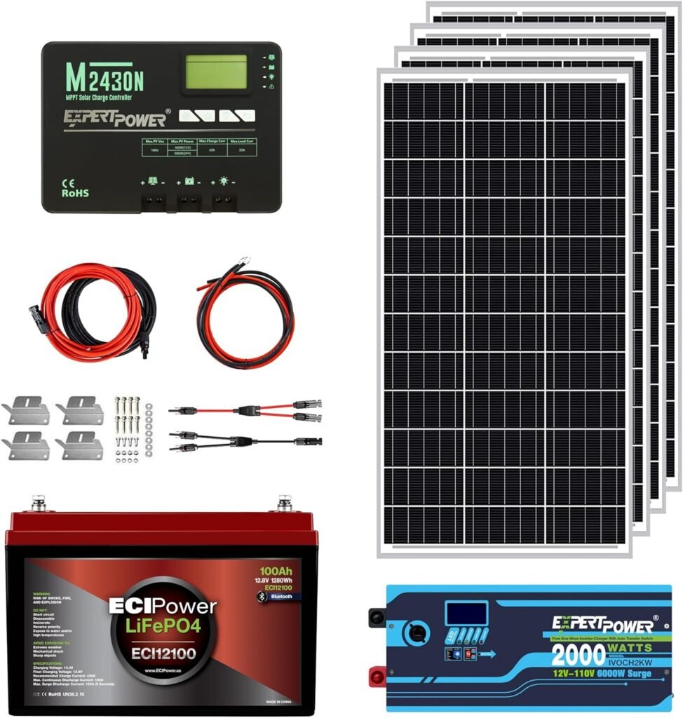 ECI Power 1.3KWH 12V Solar Power System Kit | LiFePO4 12V 100Ah, 400W Mono Solar Panels, 30A MPPT Solar Charge Controller, 2KW Pure Sine Wave Inverter Charger | RV, Trailer, Camper, Marine, Off Grid