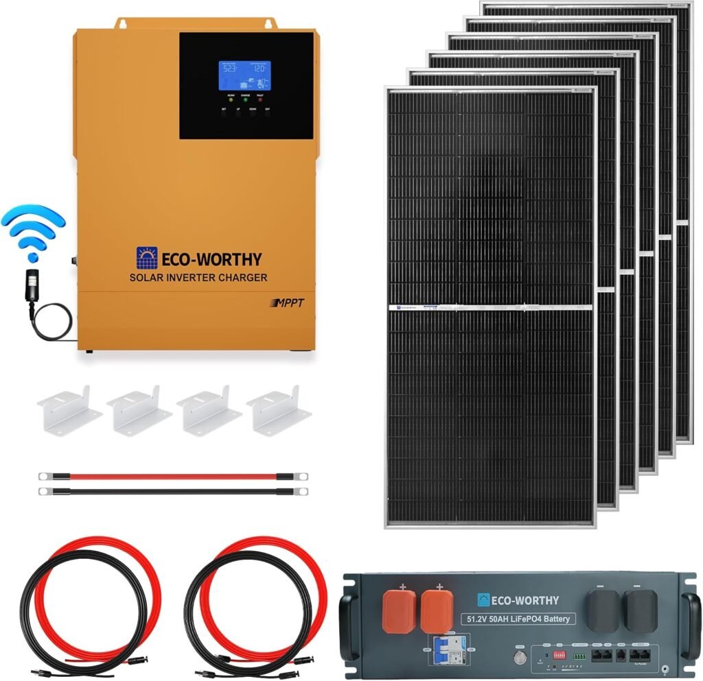 ECO-WORTHY 4.68KWH Solar Power Complete Kit 1200W 48V with Lithium Battery and Inverter for Home: 6pcs 195W N-Type Bifacial Solar Panels + 1pc 48V 50Ah Li-Battery + 3500W Solar Charger Inverter