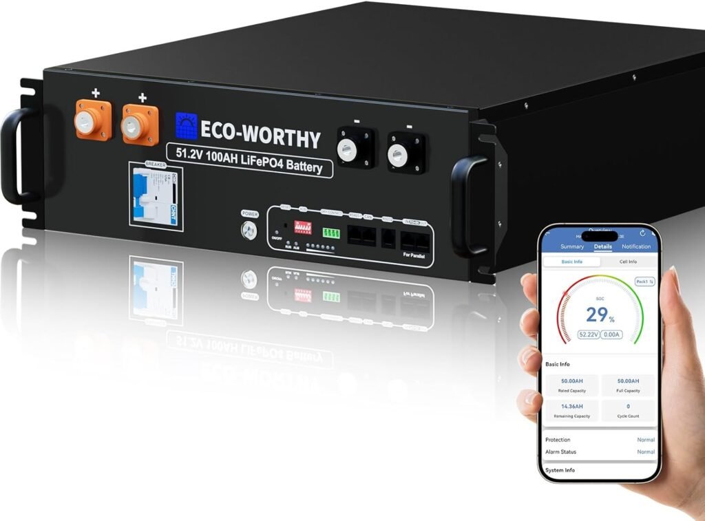 ECO-WORTHY 48V 100Ah LiFePO4 Lithium Battery w/Bluetooth | UL1973 UL9540A CEC Listed | 5120Wh Server Rack Battery for Solar Energy Storage, Home Backup Power ECO-WORTHY 48V 100Ah LiFePO4 Lithium Battery w/Bluetooth | UL1973 UL9540A CEC Listed | 5120Wh Server Rack Battery for Solar Energy Storage, Home Backup Power