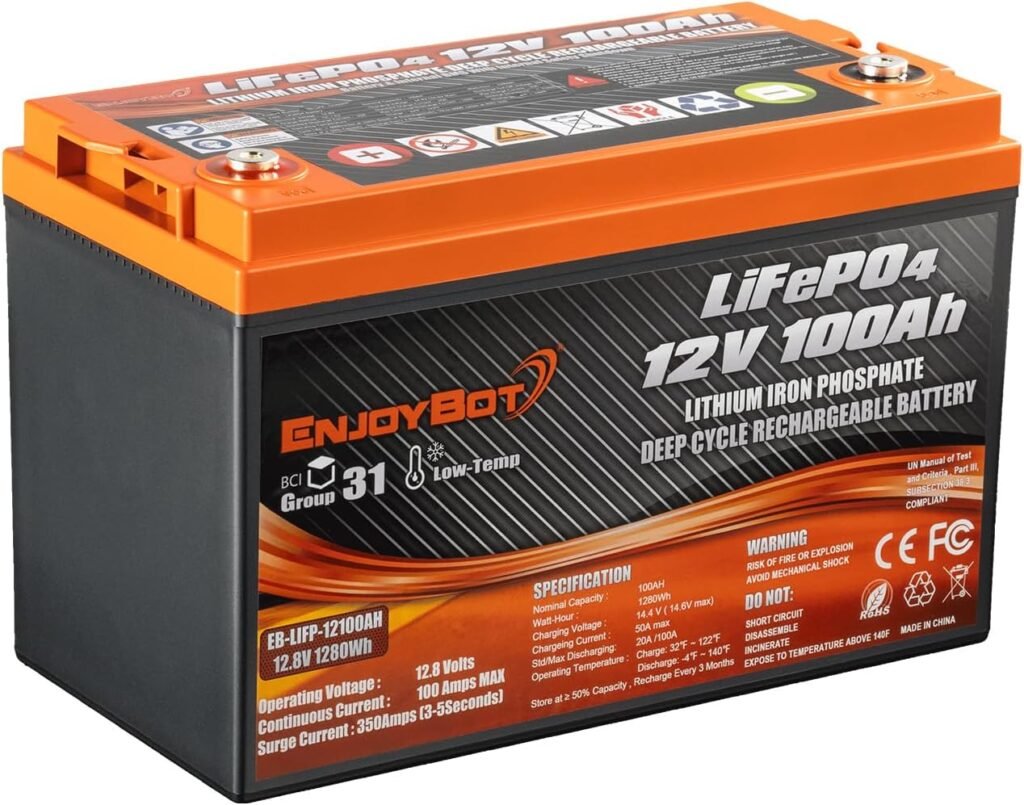Enjoybot 4 Pack 12V 100Ah LiFePO4 Lithium Battery with 58.4V 10A Charger, Built-in 100A BMS Deep Cycle Battery with Low Temp Cut Off, Up to 6 in Series Perfect for Golf Cart RV, Solar, Trolling Motor Enjoybot 4 Pack 12V 100Ah LiFePO4 Lithium Battery with 58.4V 10A Charger, Built-in 100A BMS Deep Cycle Battery with Low Temp Cut Off, Up to 6 in Series Perfect for Golf Cart RV, Solar, Trolling Motor