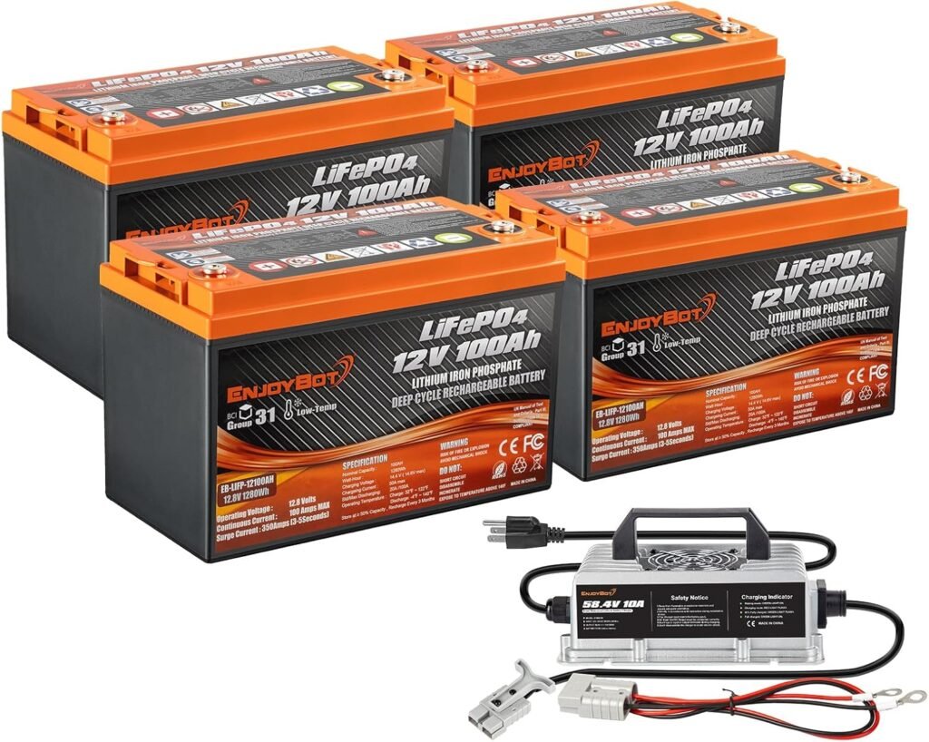 Enjoybot 4 Pack 12V 100Ah LiFePO4 Lithium Battery with 58.4V 10A Charger, Built-in 100A BMS Deep Cycle Battery with Low Temp Cut Off, Up to 6 in Series Perfect for Golf Cart RV, Solar, Trolling Motor Enjoybot 4 Pack 12V 100Ah LiFePO4 Lithium Battery with 58.4V 10A Charger, Built-in 100A BMS Deep Cycle Battery with Low Temp Cut Off, Up to 6 in Series Perfect for Golf Cart RV, Solar, Trolling Motor