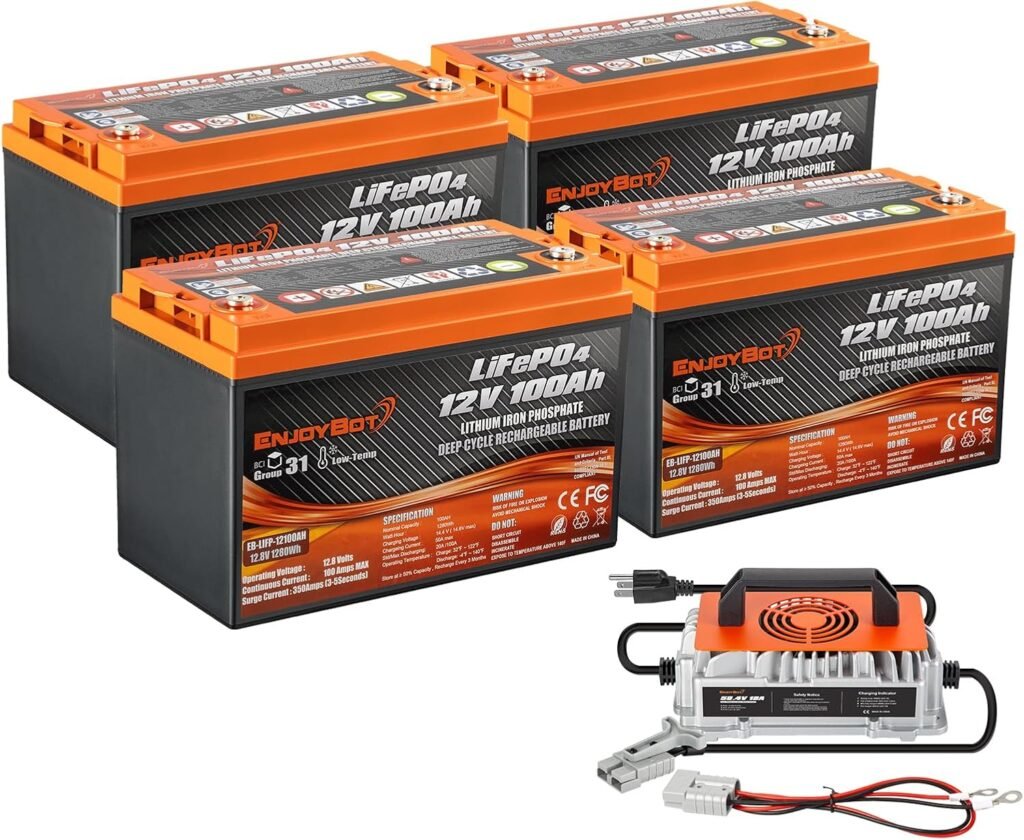 Enjoybot 4 Pack 12V 100Ah LiFePO4 Lithium Battery with 58.4V 18A Charger, Built-in 100A BMS Deep Cycle Battery with Low Temp Cut Off, Up to 6 in Series Perfect for Golf Cart RV, Solar, Trolling Motor