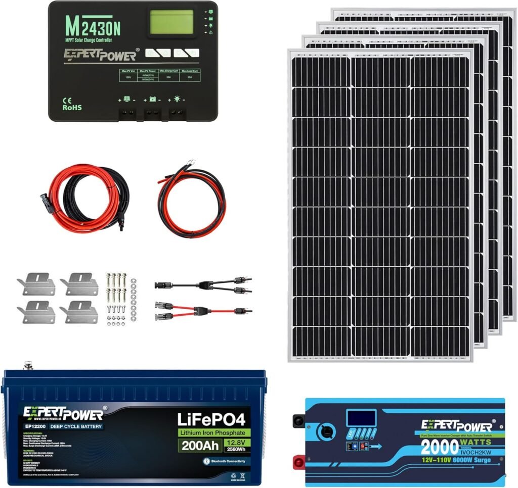 ExpertPower 2.5KWH 12V Solar Power Kit | LiFePO4 12V 200Ah, 400W Mono Solar Panels, 30A MPPT Solar Charge Controller, 2KW Pure Sine Wave Inverter Charger | RV, Trailer, Camper, Marine, Off Grid ExpertPower 2.5KWH 12V Solar Power Kit | LiFePO4 12V 200Ah, 400W Mono Solar Panels, 30A MPPT Solar Charge Controller, 2KW Pure Sine Wave Inverter Charger | RV, Trailer, Camper, Marine, Off Grid