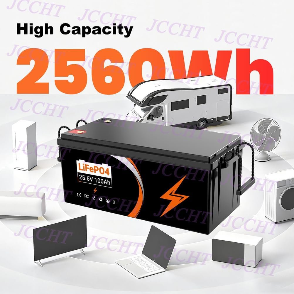 JCCHT 24V 100Ah LiFePO4 Lithium Battery Build-in 100A BMS for 2560Wh Trolling Motor/Trailer/Boat/Marine/RV/Solar System 25.6V Backup Battery Pack