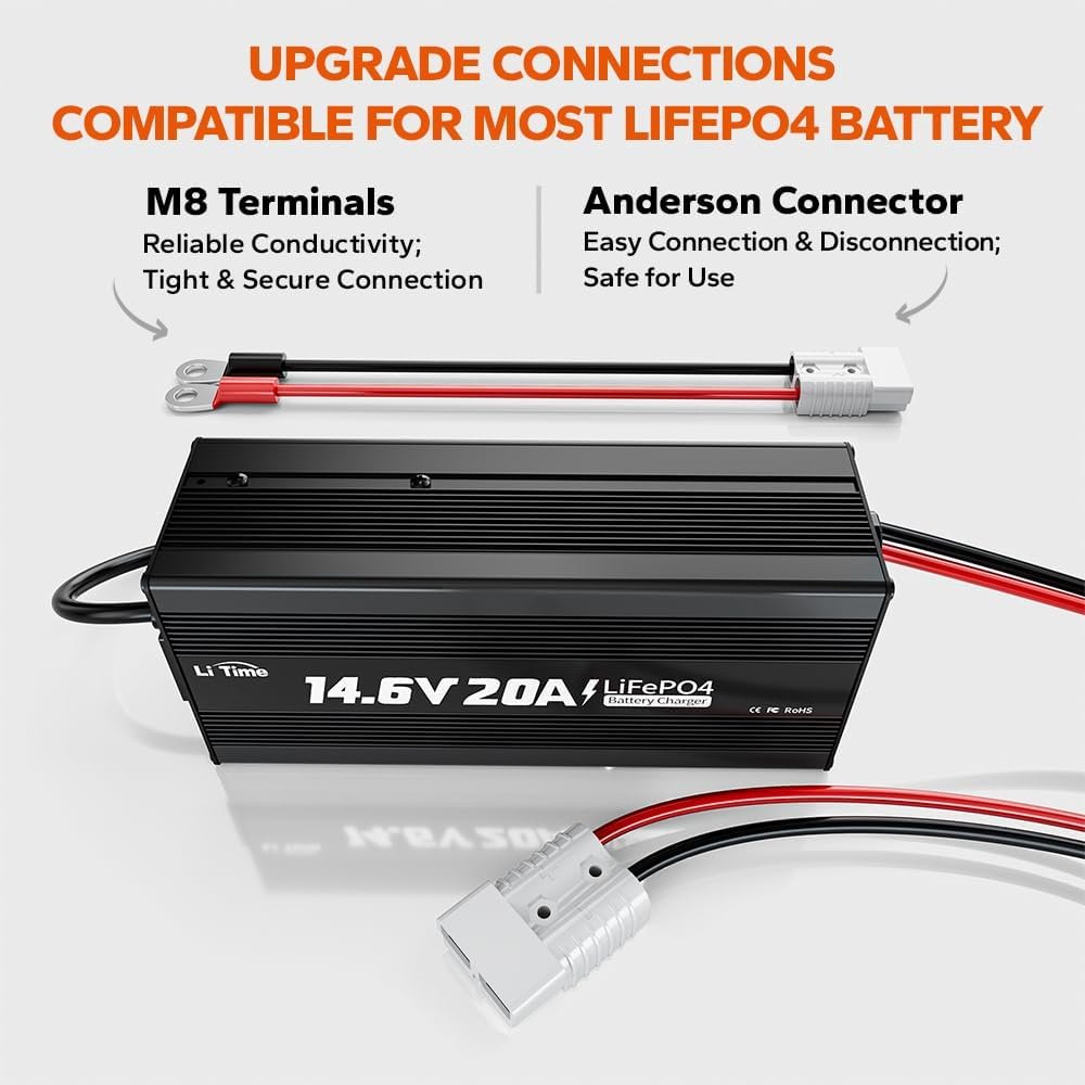 LiTime 12V 20A Lithium Battery Charger 14.6V LiFePO4 Battery Charger AC-DC Smart Charger with Anderson Connector LED Indicator for LiFePO4 Deep Cycle Batteries of RV, Homes, Off-grid and Solar Systems LiTime 12V 20A Lithium Battery Charger 14.6V LiFePO4 Battery Charger AC-DC Smart Charger with Anderson Connector LED Indicator for LiFePO4 Deep Cycle Batteries of RV, Homes, Off-grid and Solar Systems