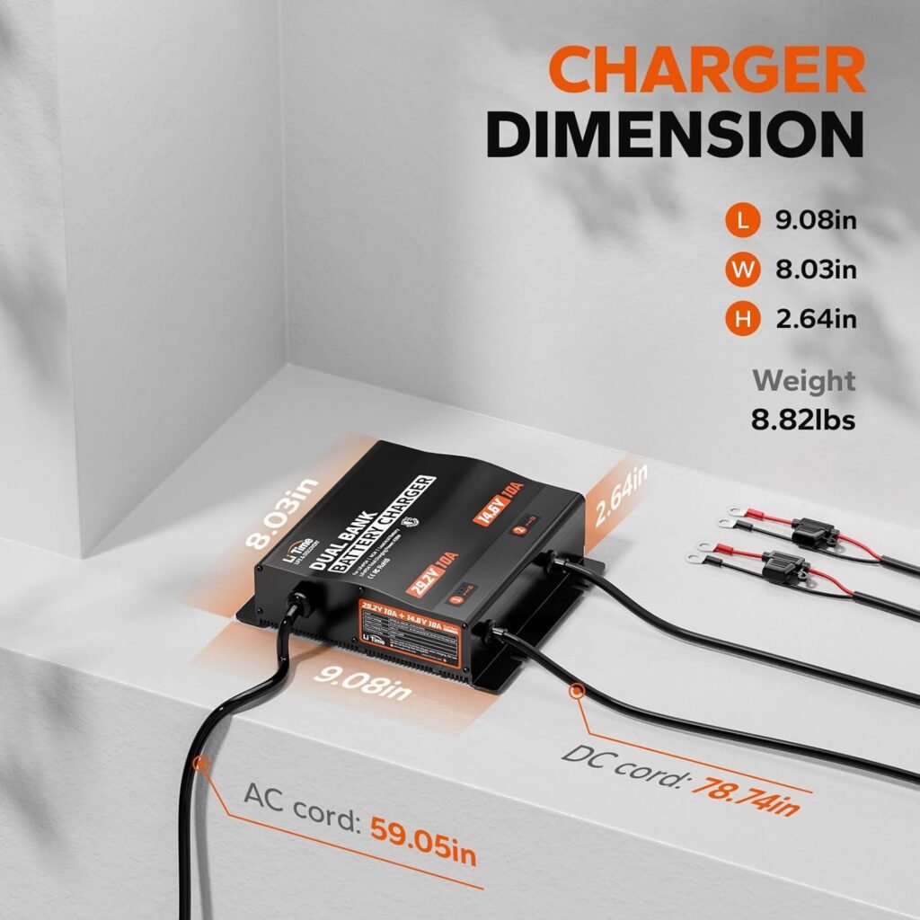 LiTime 2-Bank 12V 24V 10A Lithium Battery Charger, IP65 Waterproof AC DC Smart Charger for 12.8V/25.6V LiFePO4 Battery, with Adjustable Voltage LED Indicator for Marine, Boat, and Trolling Motor LiTime 2-Bank 12V 24V 10A Lithium Battery Charger, IP65 Waterproof AC DC Smart Charger for 12.8V/25.6V LiFePO4 Battery, with Adjustable Voltage LED Indicator for Marine, Boat, and Trolling Motor