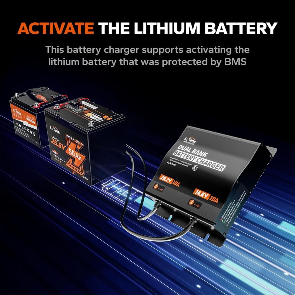 LiTime 2-Bank 12V 24V 10A Lithium Battery Charger, IP65 Waterproof AC DC Smart Charger for 12.8V/25.6V LiFePO4 Battery, with Adjustable Voltage LED Indicator for Marine, Boat, and Trolling Motor LiTime 2-Bank 12V 24V 10A Lithium Battery Charger, IP65 Waterproof AC DC Smart Charger for 12.8V/25.6V LiFePO4 Battery, with Adjustable Voltage LED Indicator for Marine, Boat, and Trolling Motor