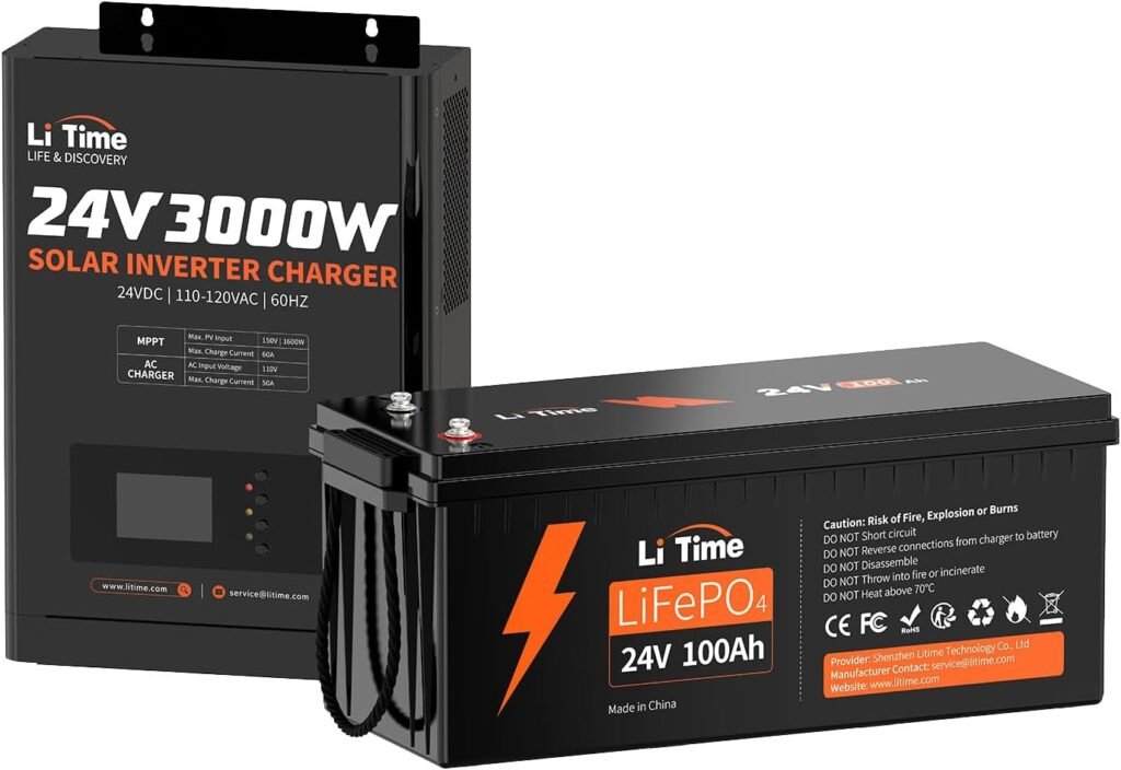 LiTime 24V 100Ah LiFePO4 Lithium Battery with 24V 3000W All-in-One Solar Inverter Charger 60A MPPT Solar Controller, Battery Built-in 100A BMS 4000+ Cycles for RV/Camper, Marine, Off-Grid