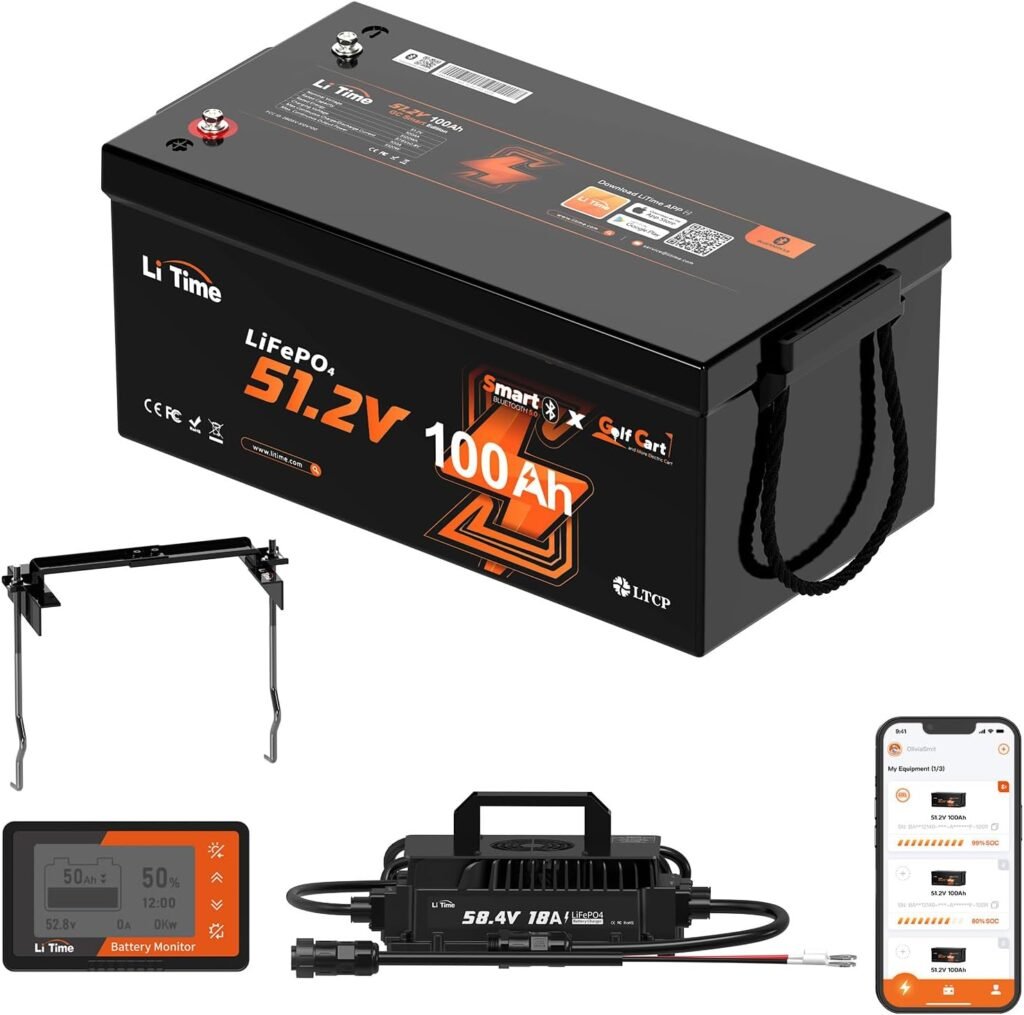 LiTime 48V 100Ah Lithium Golf Cart Battery with Charger, Built-in 200A BMS, Bluetooth Low-Temp Protection, Support up to 5kW Motor, Perfect for Golf Carts LiTime 48V 100Ah Lithium Golf Cart Battery with Charger, Built-in 200A BMS, Bluetooth Low-Temp Protection, Support up to 5kW Motor, Perfect for Golf Carts
