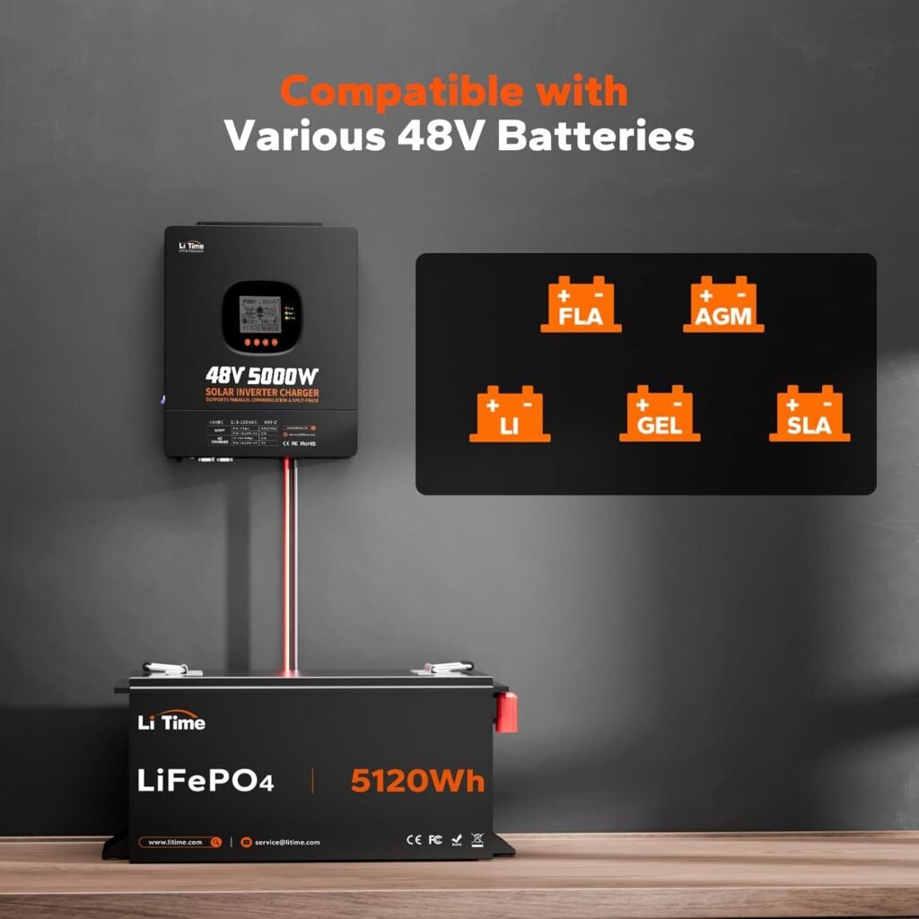 LiTime 5000W Solar Hybrid Inverter Charger, 48V DC to 120V AC Pure Sine Wave Inverter, Parallel Split-Phase for 240V, Build in 100A MPPT Solar Charger Controller for Home Backup, Off-Grid, Farm LiTime 5000W Solar Hybrid Inverter Charger, 48V DC to 120V AC Pure Sine Wave Inverter, Parallel Split-Phase for 240V, Build in 100A MPPT Solar Charger Controller for Home Backup, Off-Grid, Farm
