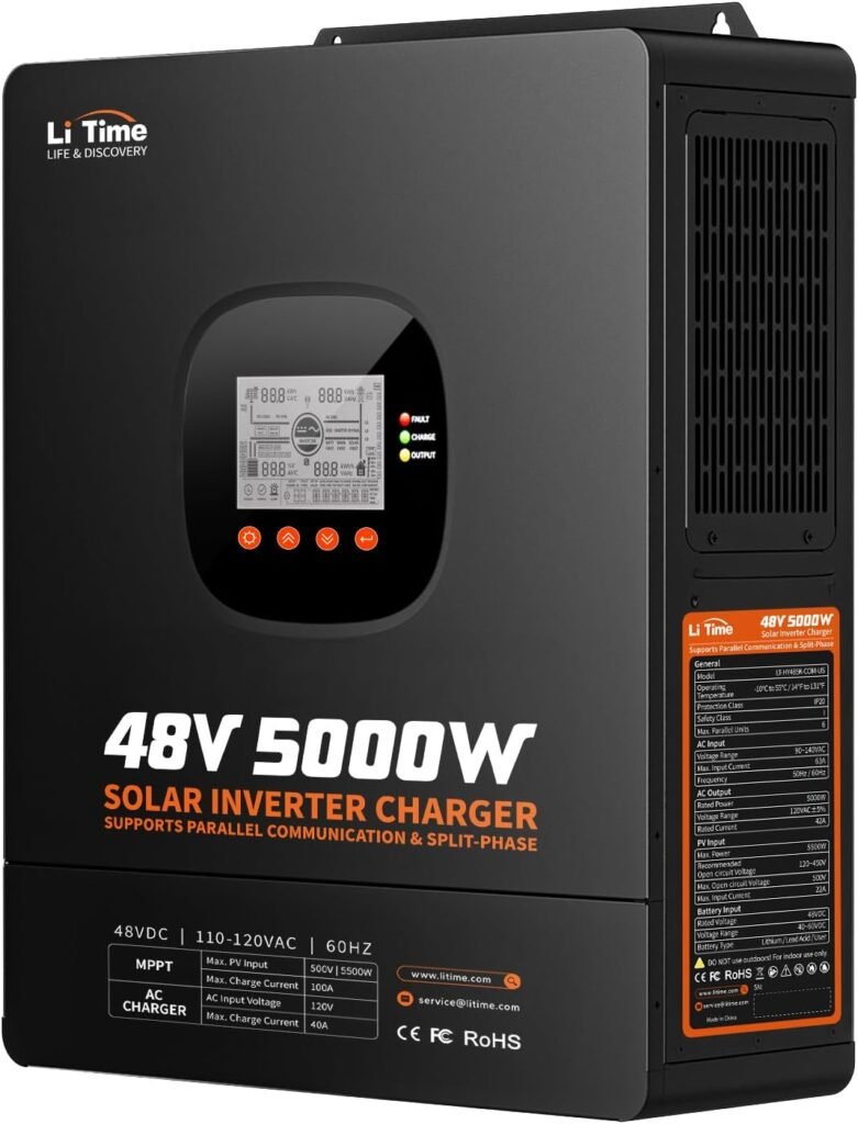 LiTime 5000W Solar Hybrid Inverter Charger, 48V DC to 120V AC Pure Sine Wave Inverter, Parallel Split-Phase for 240V, Build in 100A MPPT Solar Charger Controller for Home Backup, Off-Grid, Farm LiTime 5000W Solar Hybrid Inverter Charger, 48V DC to 120V AC Pure Sine Wave Inverter, Parallel Split-Phase for 240V, Build in 100A MPPT Solar Charger Controller for Home Backup, Off-Grid, Farm