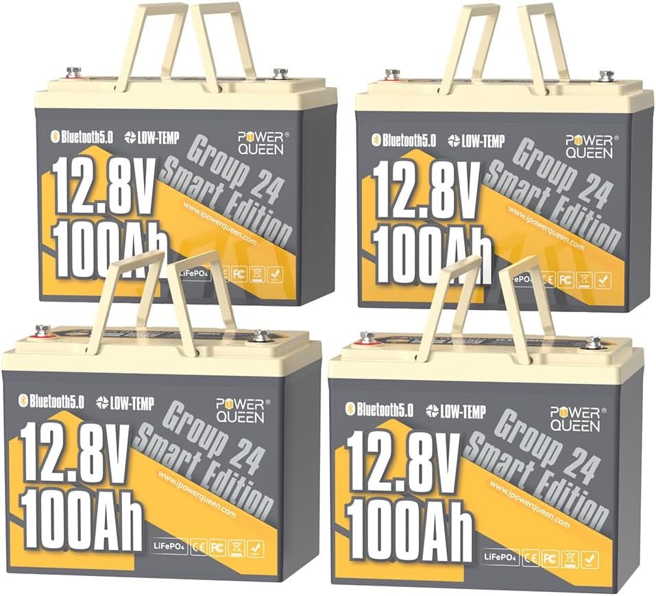 Power Queen 4Pack Bluetooth 12V 100Ah LiFePO4 Battery, Group 24 Deep Cycle Lithium Battery Max. Output Power 1280W, 100A BMS with Low-Temp Cut-off Protection for RV, Trolling Motors, Solar System