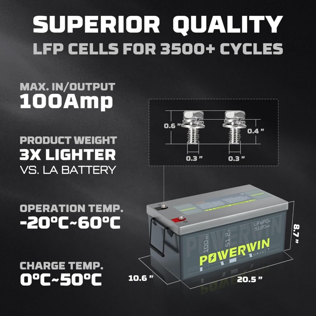 POWERWIN 51V 100Ah BT5120 LiFePO4 Battery, Deep Cycle, 4,000 Cycles, 100A BMS - Optimized for Solar, Marine, Transportation, and Off-Grid Systems POWERWIN 51V 100Ah BT5120 LiFePO4 Battery, Deep Cycle, 4,000 Cycles, 100A BMS - Optimized for Solar, Marine, Transportation, and Off-Grid Systems