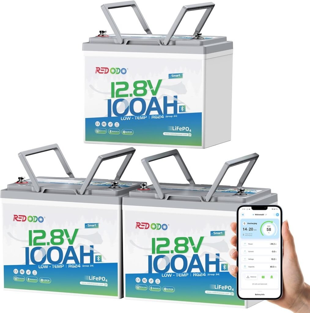 Redodo 12V 100Ah LiFePO4 Battery with Bluetooth Monitor Low-Temp Protection, Group 24 Size, 100A BMS, Perfect for RV Camping, Boating, and Solar Power in Cold Climate - 4 Pack Redodo 12V 100Ah LiFePO4 Battery with Bluetooth Monitor Low-Temp Protection, Group 24 Size, 100A BMS, Perfect for RV Camping, Boating, and Solar Power in Cold Climate - 4 Pack