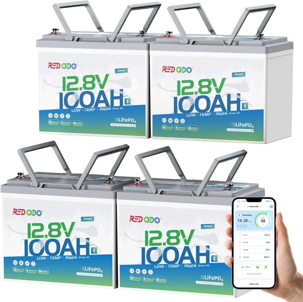 Redodo 12V 100Ah LiFePO4 Battery with Bluetooth Monitor Low-Temp Protection, Group 24 Size, 100A BMS, Perfect for RV Camping, Boating, and Solar Power in Cold Climate - 4 Pack Redodo 12V 100Ah LiFePO4 Battery with Bluetooth Monitor Low-Temp Protection, Group 24 Size, 100A BMS, Perfect for RV Camping, Boating, and Solar Power in Cold Climate - 4 Pack