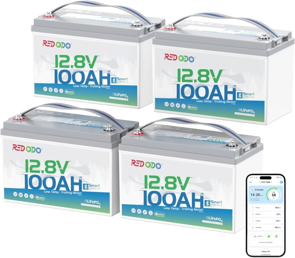 Redodo Smart Bluetooth Lithium Battery, Group 31 12V 100Ah LiFePO4 Battery, Low-Temp Protection, Trolling Motor Battery Built in Upgraded 100A BMS, Ideal for Marine, Boat, RV, Solar, Off Grid 4 Pack