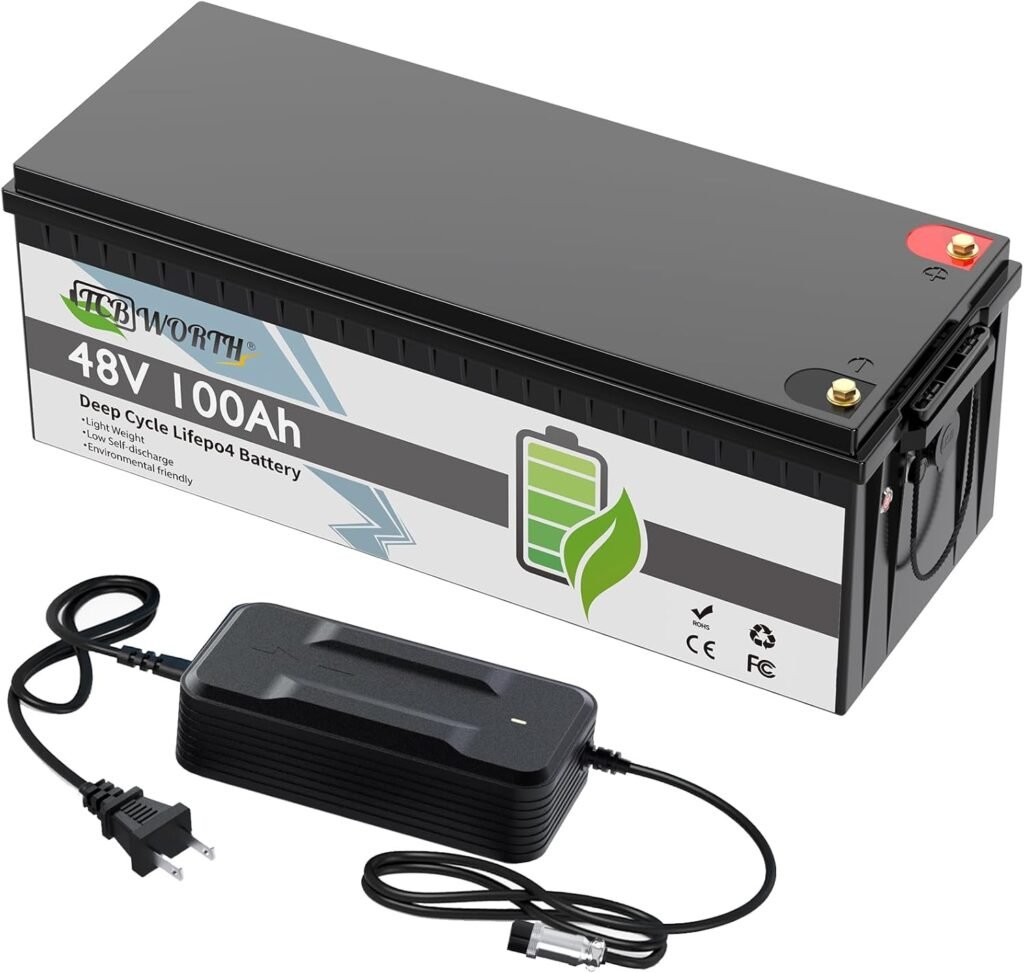 TCBWORTH 48V 100AH Lifepo4 Battery with 100A BMS and Grade A Cells 3.84kW Output 10000+ Deep Cycles Rechargeable Battery for Trolling Motor Golf Cart Solar System RV (48V100AH), TCB-2024