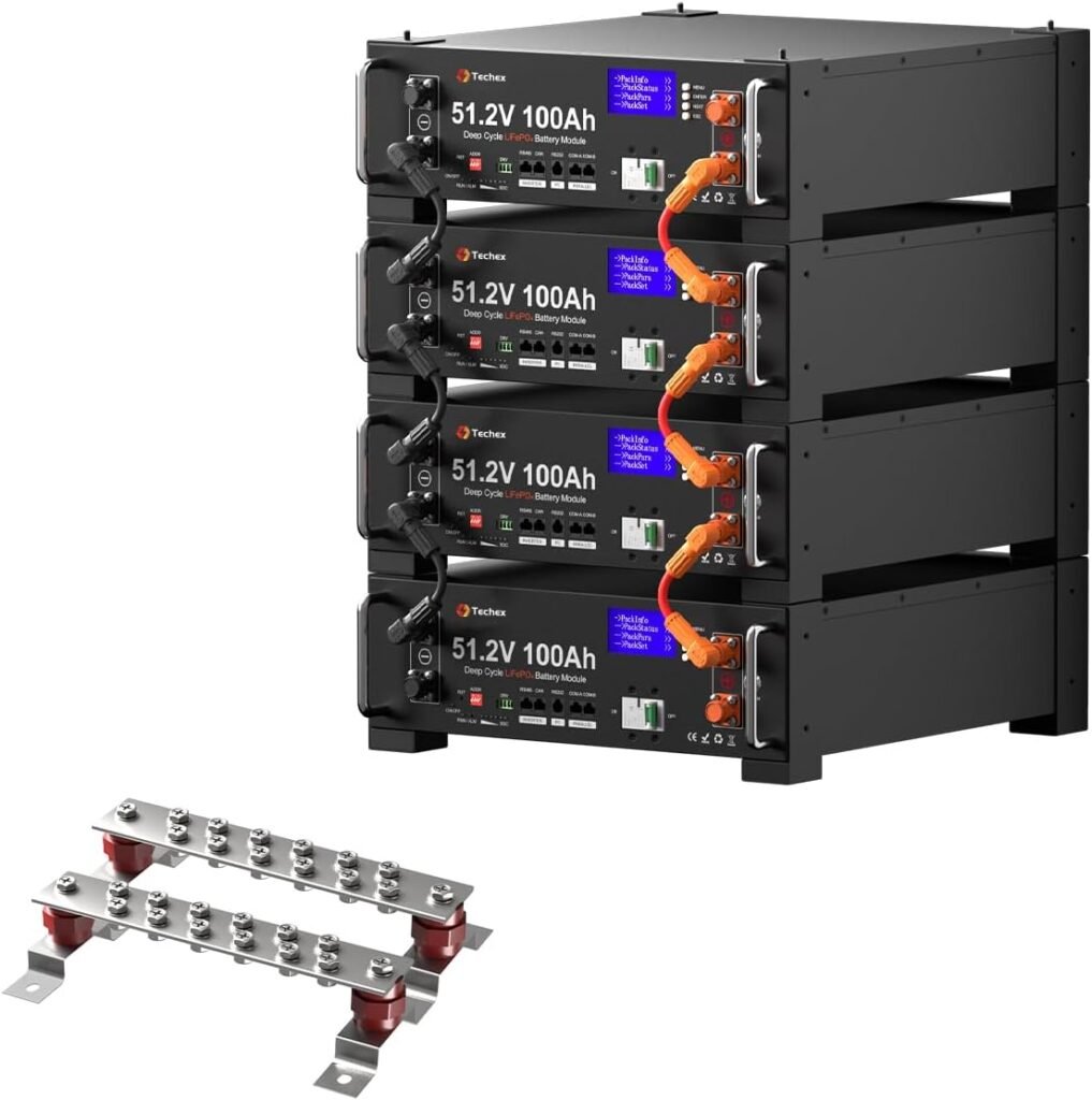 Techex 48V 400Ah LiFePO4 Lithium Battery, 4 Pack 48V 100Ah, Inverter Communication, 3U Rack-Mount, Smart Display  Bluetooth, 6000+ Cycles, 20.48kWh Capacity for Off-Grid, Solar System, Backup