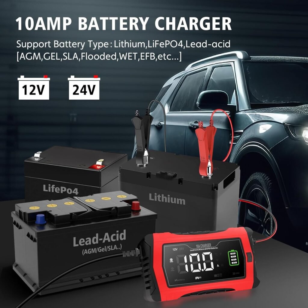 10A Lithium Battery Charger 12V 24V LiFePO4 Battery Charger, Trickle Charger for Car Battery Motorcycle Lawn Mower Marine Boat, Battery Maintainer for Lead Acid (AGM/Gel/SLA...) 10A Lithium Battery Charger 12V 24V LiFePO4 Battery Charger, Trickle Charger for Car Battery Motorcycle Lawn Mower Marine Boat, Battery Maintainer for Lead Acid (AGM/Gel/SLA...)